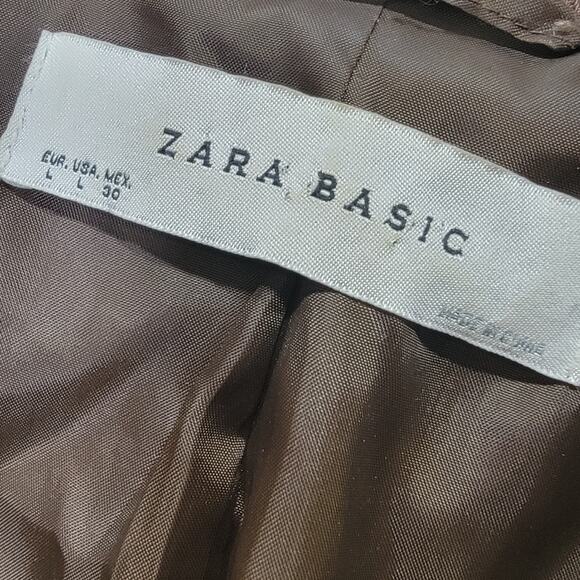 Zara Basic Jacket L Brown Ramie Linen Like Texture Large Blazer Belted Back - Picture 6 of 10